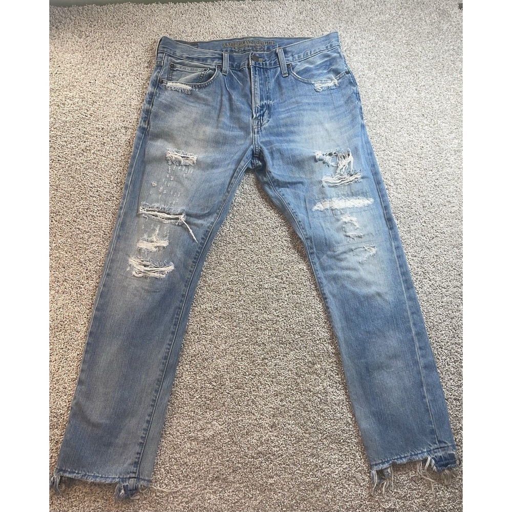 American Eagle Slim Straight Jeans Men's Size 34x30 Light Wash Distressed Ripped